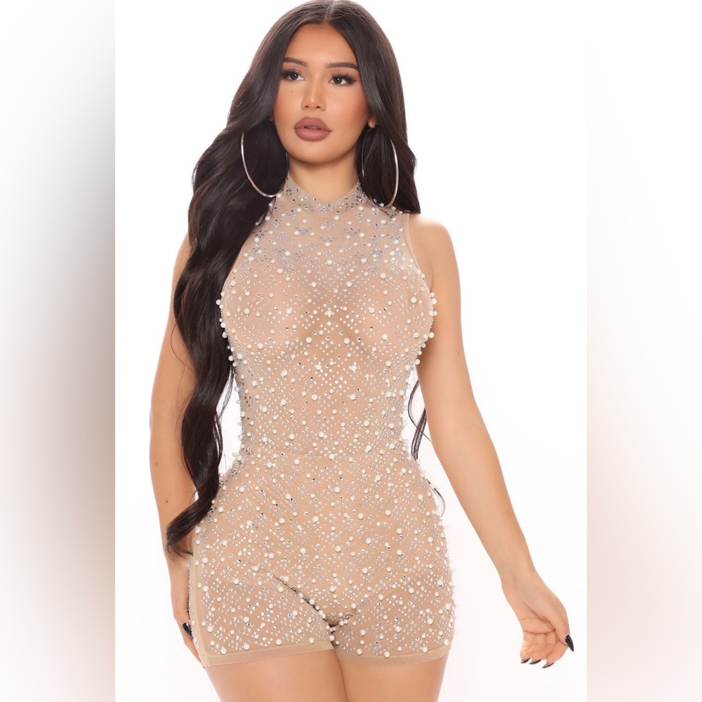 Dazzling Diamond Sleeveless Romper - Nude